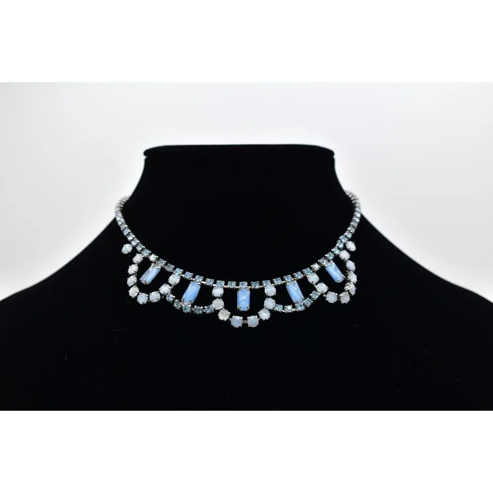 Vintage Crystal Collar Necklace Cabochon Blue Prong Rhinestone Silver 60s Bin3D